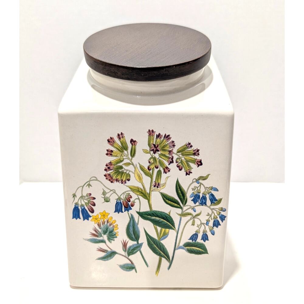 Vtg Comfrey Flowers Kitchen Canister Wooden Lid  9.5" x 5.25" 1995 Hyalyn USA